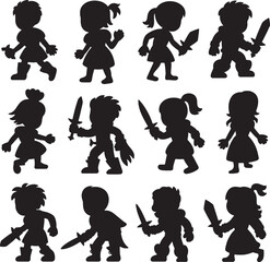 Silhouettes of kids playing knights with swords