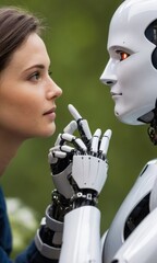 Woman Looking at White Robot with Artificial Hands Touching in Outdoor Green Environment