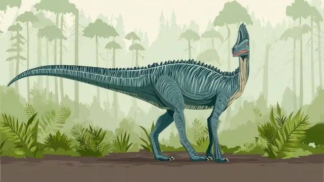 Stylized blue dinosaur with crest in a prehistoric forest, illustration of a single dinosaur standing in a dense forest setting