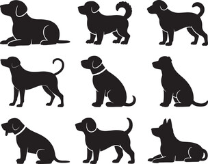 Nine silhouettes of dogs various breeds poses