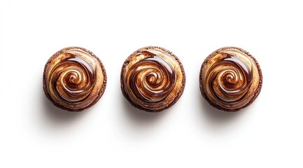Three small, round pastries, topped with swirled chocolate and caramel icing, displayed against a white background