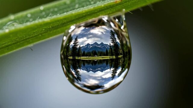 Close-up of a single dewdrop on a green leaf, reflecting a miniature distorted landscape of mountains and trees. Concept of macrocosm and microcosm of nature