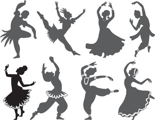 Eight silhouettes of elegant dancers in motion