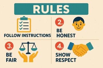 Displayed are illustrated rules for ethical conduct with instruction, honesty, fairness, and respect