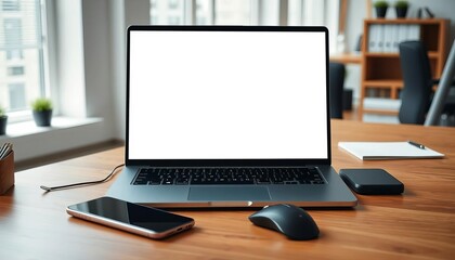 Fototapeta premium Modern laptop with blank screen, mouse, and smartphone on wooden desk in office setting, wood, laptop