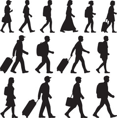 Fototapeta premium Silhouettes of travelers walking with luggage