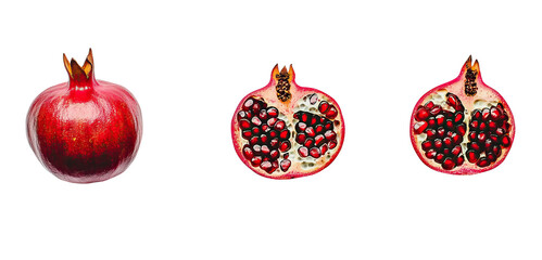 Set of pomegranates - whole deep red fruit, split open half, and loose ruby seeds.