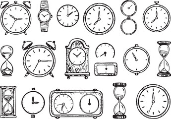 Hand-Drawn Clock and Hourglass Vector Set, ideal for vintage design, time management themes, educational visuals, planner graphics, antique decor, and historical or steampunk illustrations