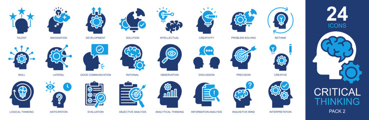 Critical Thinking Icons set vector illustration. Containing imagination, intellectual, creativity, discussion, logical thinking and more. Simple solid icons collection.