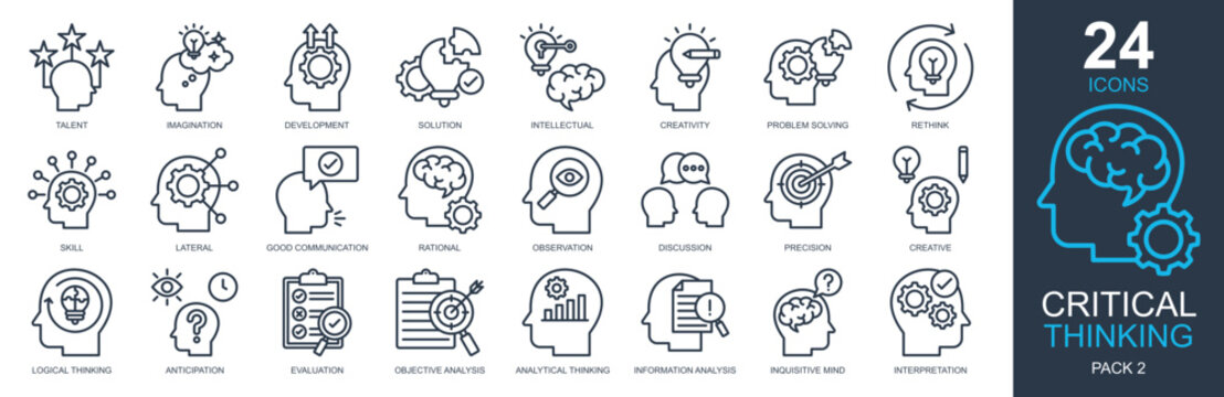 Critical Thinking Icons set vector illustration. Containing imagination, intellectual, creativity, discussion, logical thinking and more. Simple outline icons collection.