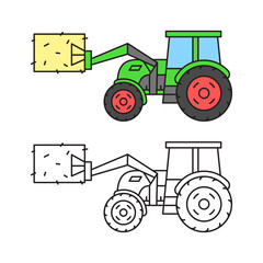 Green tractor hay loader. Linear icon in color