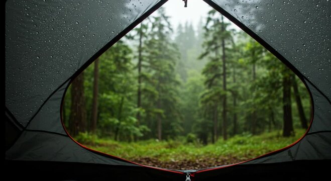 View from Inside Tent, Serene, Observing the Forest, Rainy Backdrop