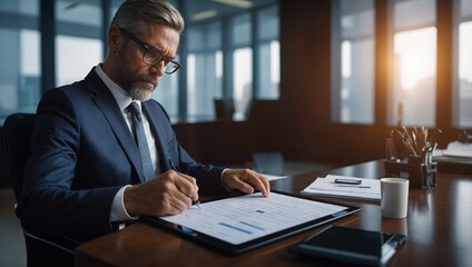Man, lawyer and tablet with thinking in office for research, decision or review evidence for tax fraud case