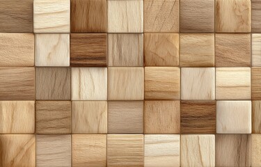 Wooden block wall pattern.  A repeating grid of various shades of light and dark wood squares