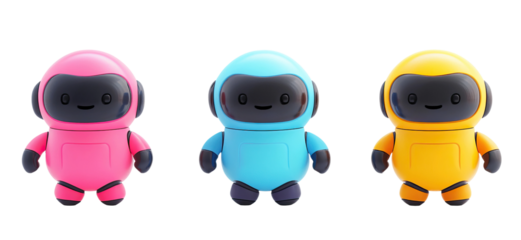 Set of small toy-style robots with colorful retro-futuristic design, friendly faces and rounded bodies