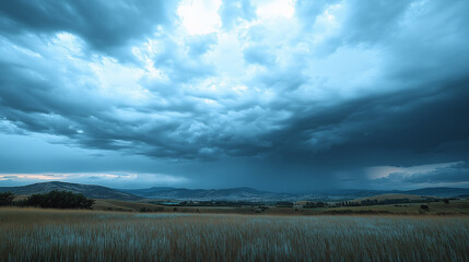 Dramatic sky over a vast field and distant mountains a breathtaking landscape