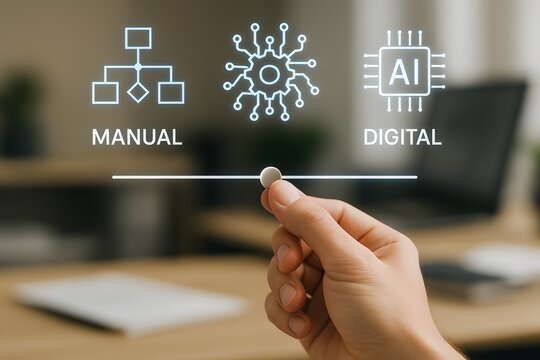 Balancing Manual vs Digital, a close-up image presents a hand adjusting a slider, symbolizing the shift from manual processes to the embrace of AI and digital solutions.