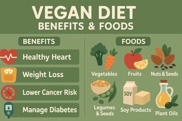 Vegan Diet Benefits and Food Sources Shown With Nutritional Information and Graphical Icons