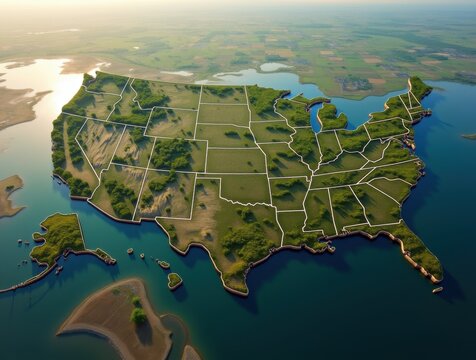 Aerial View of the United States Farmland, Cities, and Rivers