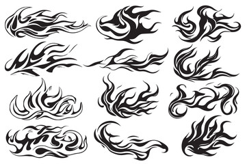  Flame silhouette. Black fire set isolated on white background. Old school tattoo neo-tribal style or silhouette flame for cars. Minimalistic stylish fire outline and filled contour. Vector set