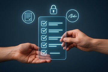 Digital Agreement Hands Hold a digital agreement, with checklist box, symbolize secure and verified transaction in tech age.