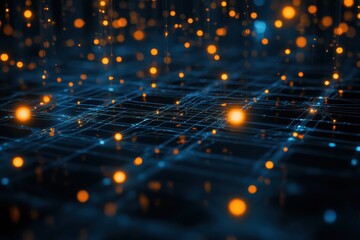 Digital cryptocurrencies on a blockchain network visualize interconnected transactions with glowing data points and grids displaying the complexities of blockchain technology