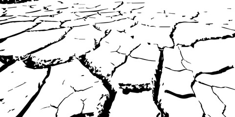 A high-contrast, black and white illustration of a cracked, parched landscape, resembling dried earth in a drought-stricken area. The deep fissures spread across the barren ground, creating an abstrac