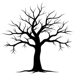 A stark silhouette of a leafless tree with intricate branches against a white background in detailed art