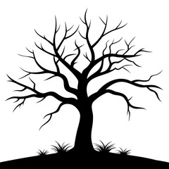 Silhouette of a bare tree with many branches and roots and some grass in the ground on a white background