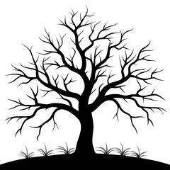 Obraz premium Silhouette of a bare tree with many branches and small grass at the base on a white background image