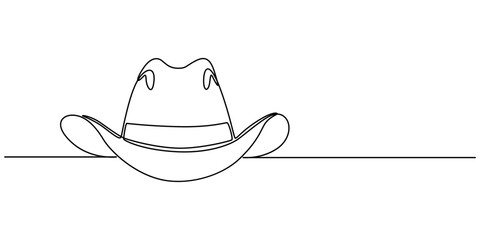 Continuous single drawn one line men hat, one line drawing of cowboy hat. Simple cowboy hat line art, Cowboy hat continuous one line drawing vector illustration. Premium vector, Boater Hat Continuous.