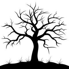 Silhouette of a bare tree with many branches and some grass at the bottom against a white background