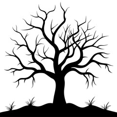 Silhouette of a bare tree with branches and roots on a small hill with grass against white background