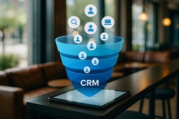 CRM Funnel in the Modern Office, a digital CRM funnel hovers over a tablet, a concept representing sales, marketing, and customer management in an office setting.