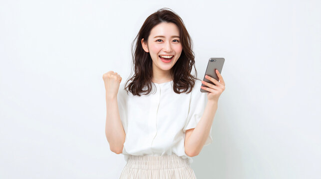 白背景の前でスマホを持って笑顔の女性・明るく誠実なイメージ（ビジネス・教育・テクノロジー・IT）