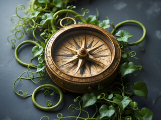 Navigational Compass: A vintage compass, adorned with lush green vines, rests on a textured surface, symbolizing direction and exploration, inviting viewers to embark on a journey of discovery.