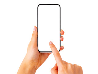 Person holding mobile phone in hand, blank white screen mockup on transparent background