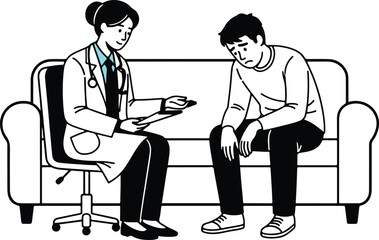 Line Art Illustration of a Doctor Consulting with a Concerned Male Patient.