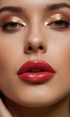 Closeup of a Woman's Face with Red Lips and Gold Eyeshadow