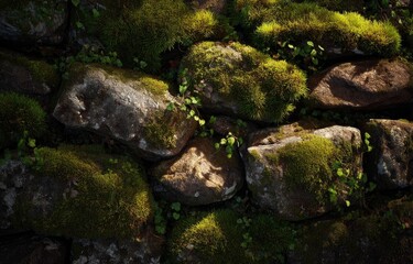 Moss-covered stone wall. Sunlight filters through
