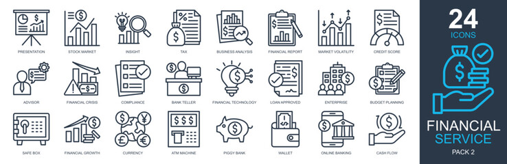 Financial Service Icons set vector illustration. Containing stock market, advisor, financial growth, business analysis, cash flow and more. Simple outline icons collection.