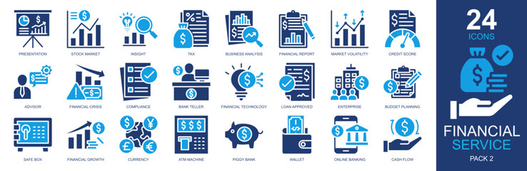 Financial Service Icons set vector illustration. Containing stock market, advisor, financial growth, business analysis, cash flow and more. Simple solid icons collection.