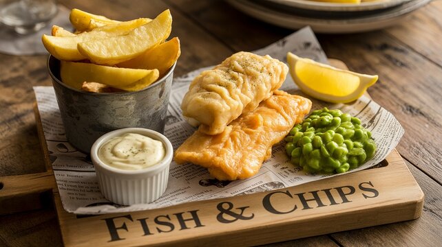 Fish and Chips Day, Tasty golden fish served with thick-cut fries and condiments.