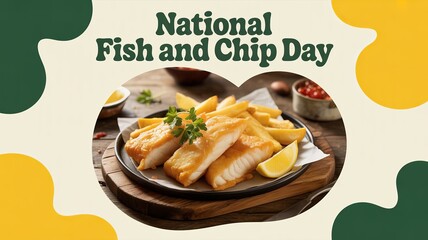 National Fish and Chip Day, Traditional British food poster with fried fish and chunky chips.