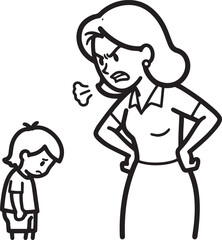 A black and white line art illustration of an angry woman scolding a sad, small child.
