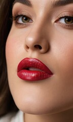 Close-up portrait of a woman showcasing bold red lipstick and eye makeup