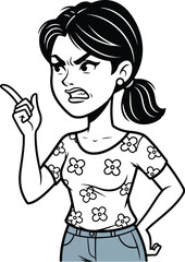 A black and white cartoon illustration of an angry woman pointing her finger
