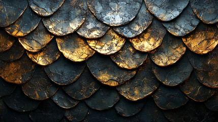 A close-up view of dark and golden metallic scales, creating a dramatic and luxurious texture. The interplay of light and shadow across the scale pattern emphasizes depth and dimensionality, evoking t