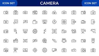 Camera line icon collection. Photography, video, shooting, camera lens, tripod, studio, action camera and camera and equipment line icon set