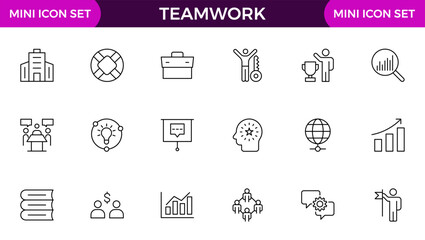 Teamwork linear icons collection. Set of coworking space icons. Business teamwork, team building, work group.